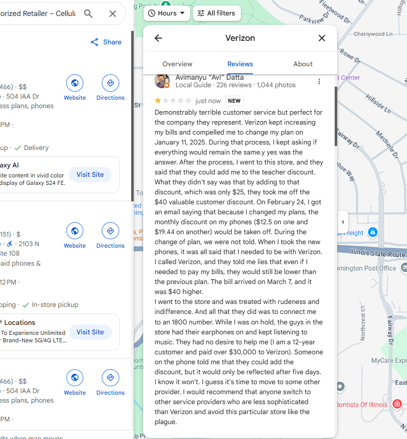 My review of the <a href="/Verizon/">Verizon</a> store in Bloomington, IL (Verizon, 504 IAA Dr, Bloomington, IL 61701) and @verizon as a company shows how they #cheat loyal customers and treat them #poorly. #Unethical.