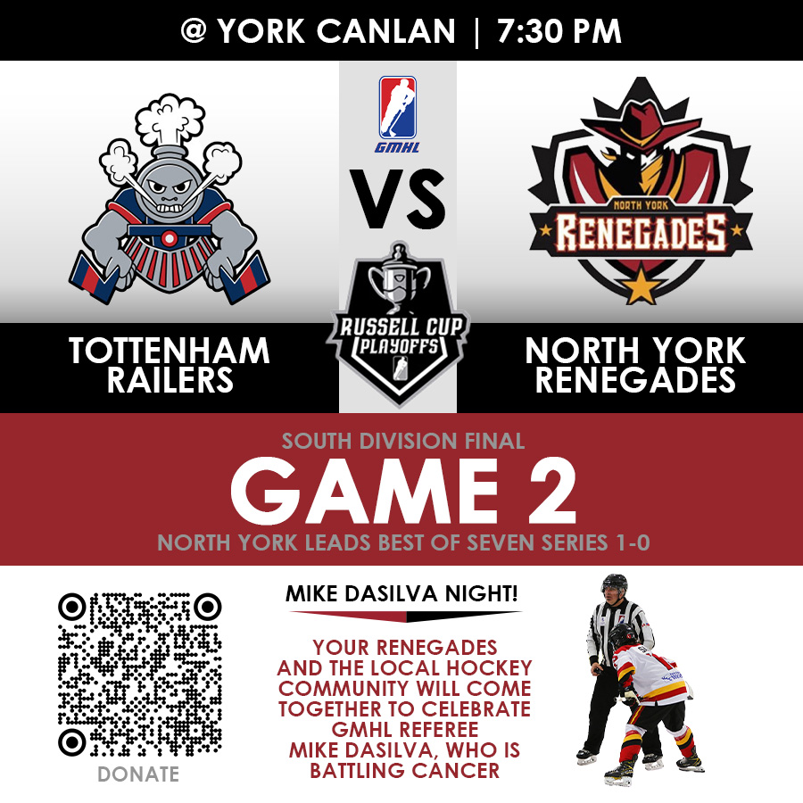 YOUR Renegades will be honouring <a href="/TheGMHL/">GMHL</a> referee Mike DaSilva before puck drop tonight for his dedication to the game as he battles cancer. 

There will be several ways to help Mike and his family at the rink or you can donate through GoFundMe

#juniorhockey #cancerfighter