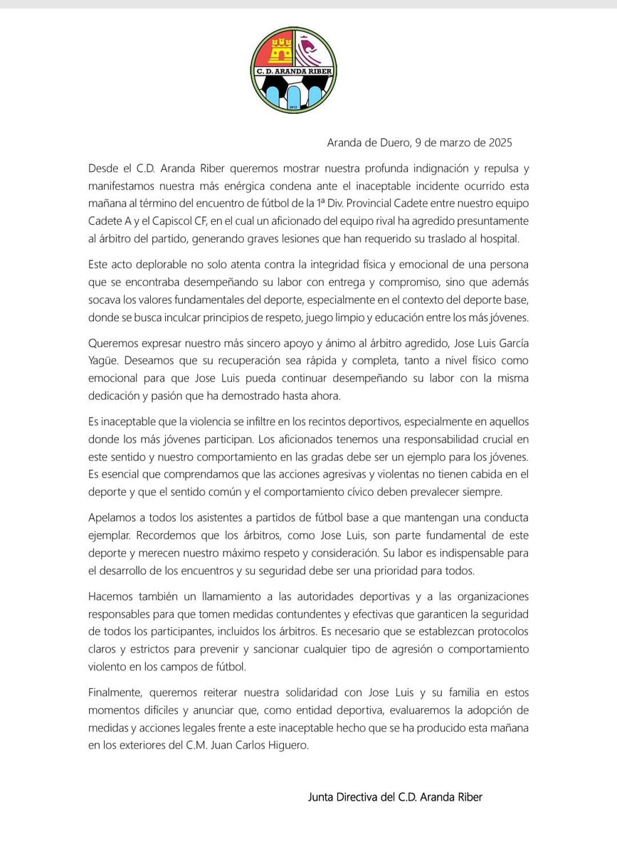 📄 COMUNICADO OFICIAL

Desde el Club emitimos este comunicado para manifestar la máxima condena e indignación ante los graves hechos que se han producido esta mañana tras la conclusión del partido de categoría Cadete. 

#RespetoEnElDeporte #FutbolSinViolencia 🩵🖤