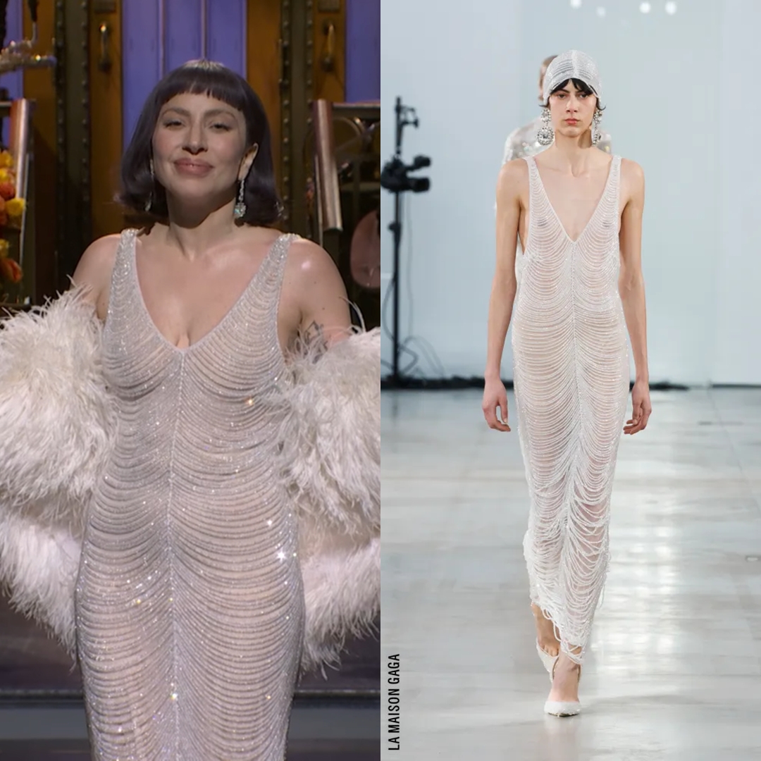 Lady Gaga's monologue outfit was a #GiuseppediMorabito Fall/Winter 2025  cascading draped crystal dress which she wore with #Marli diamond earrings  and @LouboutinWorld "Lady Peep" pumps in white satin.