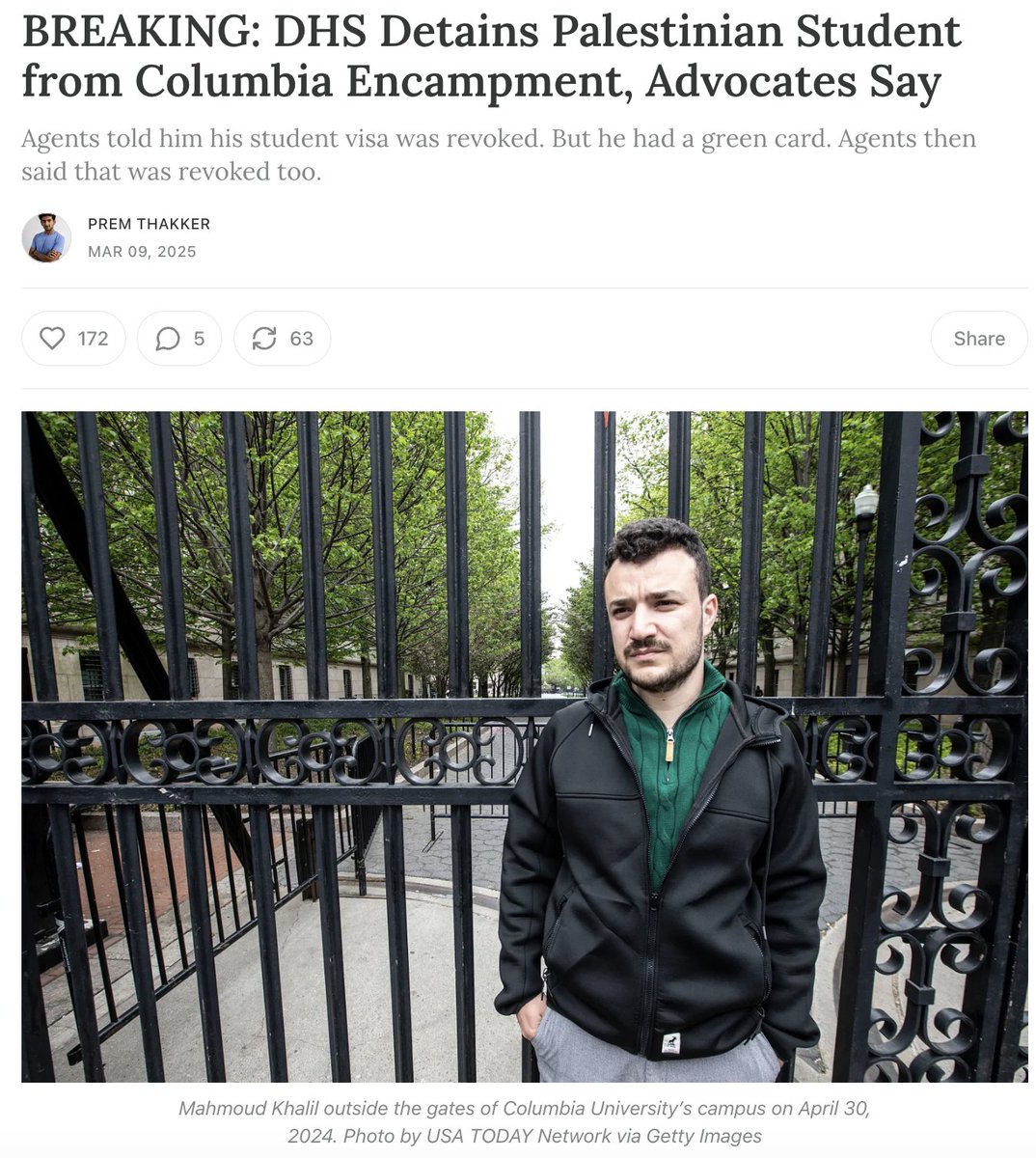 _ZachFoster's tweet image. My friend Mahmoud Khalil HAS BEEN DETAINED (zeteo.com/p/breaking-dhs…). This is total fucking insanity. We are living in a police state. Protesting a genocide now lands you in prison in the US. PLEASE SIGN THIS PETITION. 
 actionnetwork.org/letters/demand…