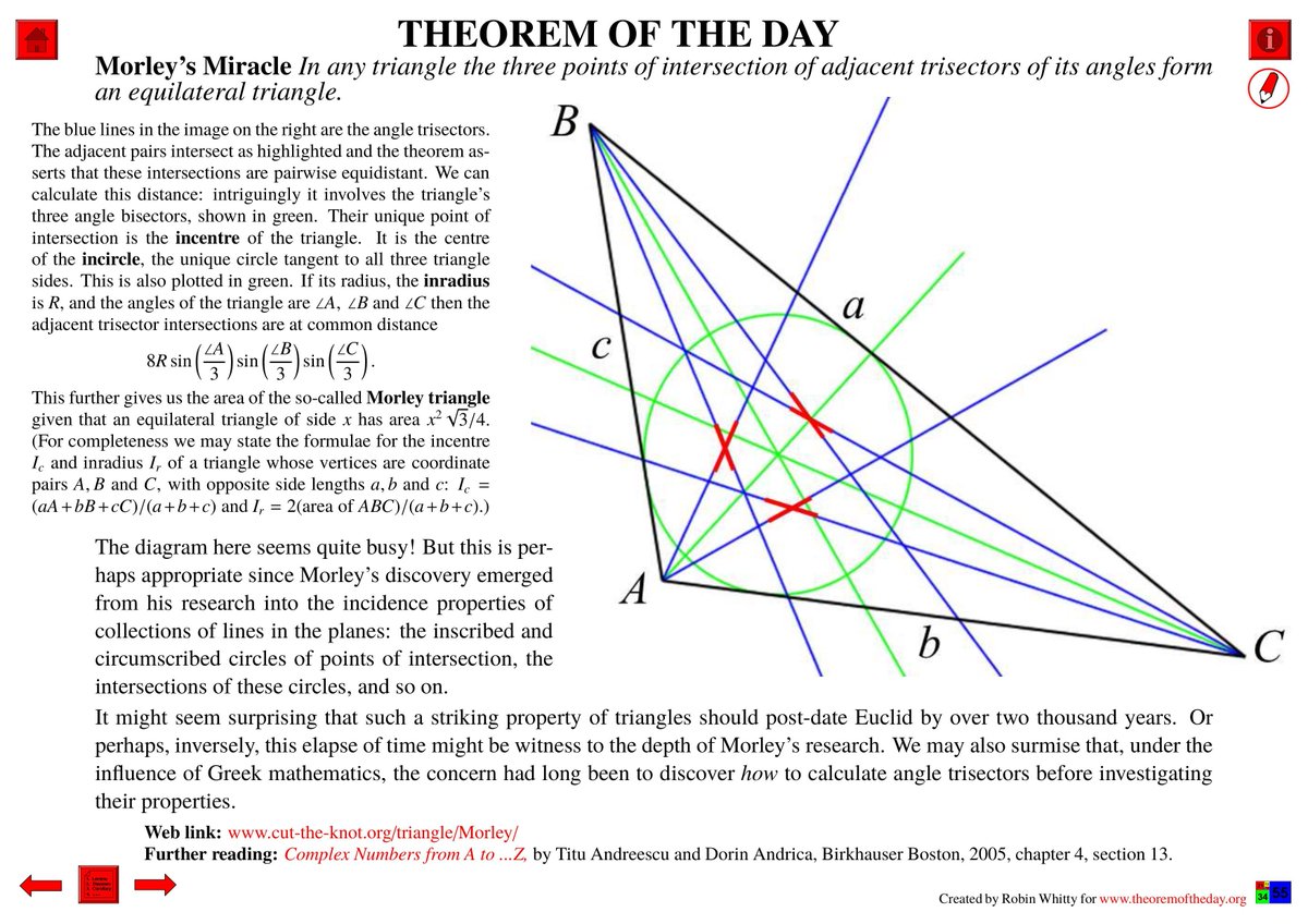 Theorem of the Day (March 9, 2025) : Morley’s Miracle
Source : Theorem of the Day / Robin Whitty
pdf : theoremoftheday.org/GeometryAndTri…
notes : theoremoftheday.org/Resources/Theo… 

#mathematics #maths #math #theorem @theoremoftheday