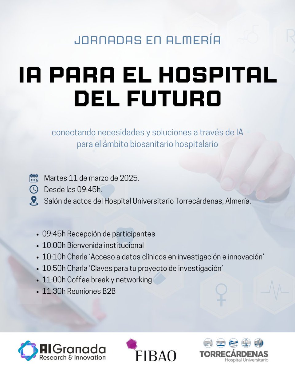 Hospital Universitario Torrecárdenas (@torrecardenashu) on Twitter photo 🤖🩺 Este martes exploramos el futuro de la sanidad
Te invitamos a una Jornada sobre Inteligencia Artificial en el ámbito biosanitario hospitalario. Una oportunidad para conocer cómo la IA transforma la salud. ¡No te lo pierdas! 🚀✨
<a href="/saludand/">Consejería de Salud y Consumo</a> <a href="/almeriajunta/">AlmeríaJunta</a> 🤖🩺 Este martes exploramos el futuro de la sanidad
Te invitamos a una Jornada sobre Inteligencia Artificial en el ámbito biosanitario hospitalario. Una oportunidad para conocer cómo la IA transforma la salud. ¡No te lo pierdas! 🚀✨
<a href="/saludand/">Consejería de Salud y Consumo</a> <a href="/almeriajunta/">AlmeríaJunta</a>