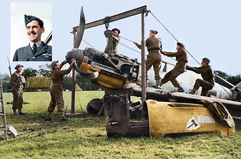 colour_history's tweet image. RAF personnel dismantle Bf 109E-4 (W/nr. 5153), flown by Oblt. Egon Troha, Staffel Kapitan of 9./JG 3, and which crash-landed near Wootton Cross Roads, Shepherdswell, Kent on 29 October 1940. He was shot down by F/Lt John Mungo-Park (KIA 27/6/41) of 74 Squadron.