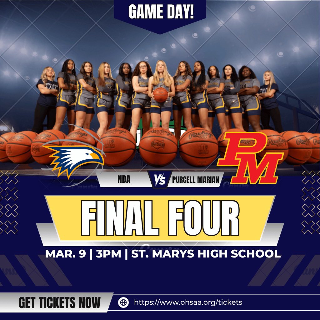 NDA Athletics (@ndaeaglesports) on Twitter photo 🦅🏀 IT IS GAMEDAY! 🏀🦅
OHSAA DIII State Semi-Final
<a href="/NDAbasketball/">NDA Eagles Basketball</a> vs. Purcell Marian
🕒 3 pm
📍St. Marys Memorial HS
🎟️ ohsaa.hometownticketing.com/embed/event/33…
🚘 $5 cash
More info: ndaeagles.org/2025/03/05/nda…
☑️It’s a gray out! ☑️
Good luck ladies!
🦅🏀 #ndahoops #GoNDAEagles 🏀🦅 🦅🏀 IT IS GAMEDAY! 🏀🦅
OHSAA DIII State Semi-Final
<a href="/NDAbasketball/">NDA Eagles Basketball</a> vs. Purcell Marian
🕒 3 pm
📍St. Marys Memorial HS
🎟️ ohsaa.hometownticketing.com/embed/event/33…
🚘 $5 cash
More info: ndaeagles.org/2025/03/05/nda…
☑️It’s a gray out! ☑️
Good luck ladies!
🦅🏀 #ndahoops #GoNDAEagles 🏀🦅