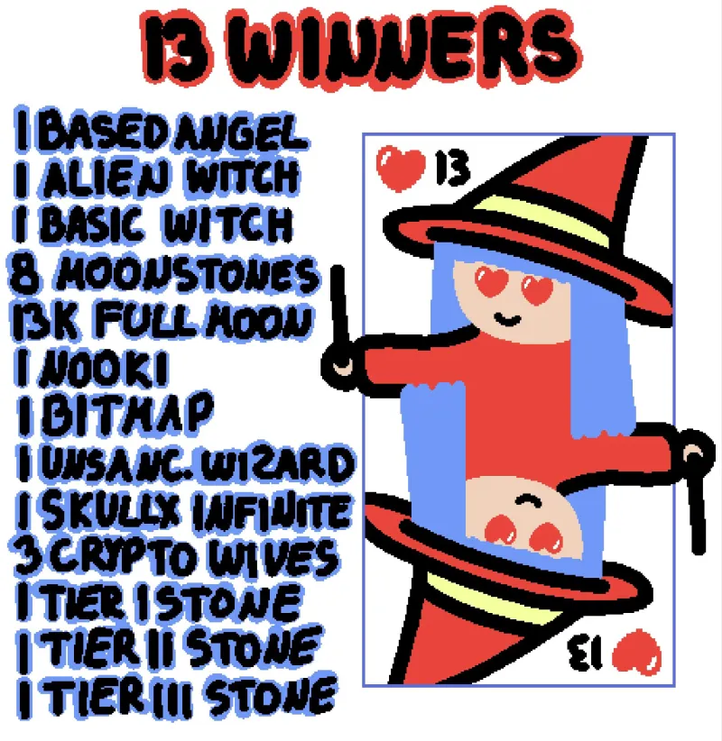 Come on, don't miss it, join now <a href="/TaprootWitches/">Taproot Witches 🧙‍♀️</a> 
  
13 magical prizes are waiting for you: 
📷 1 <a href="/basedangelsbtc/">Based Angels</a> 
📷 1 Alien <a href="/TaprootWitches/">Taproot Witches 🧙‍♀️</a>
 📷 1 Basic <a href="/TaprootWitches/">Taproot Witches 🧙‍♀️</a> 
📷 8 Moonstones 
📷 13k ITS•A•FULL•MOON 
📷 1 <a href="/ordinooki/">Ordinooki</a> 
📷 1 Bitmap 
📷 1 <a href="/UnsanctionedWiz/">Unsanctioned Wizards</a>