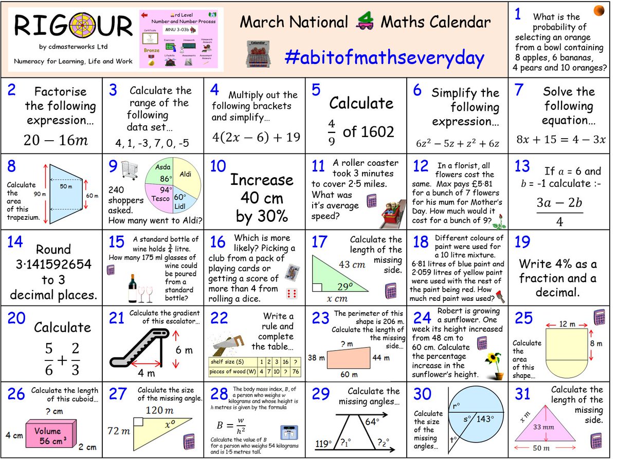 **CALLING ALL National 4 Maths Pupils** Do you want to consolidate your #Nat4Maths skills this month? If so, try our March Calendar! Download this calendar and view the answers here; rigourmaths.com/national-quali… #abitofmathseveryday #littleandoften 🥉🥈🥇🎯📆