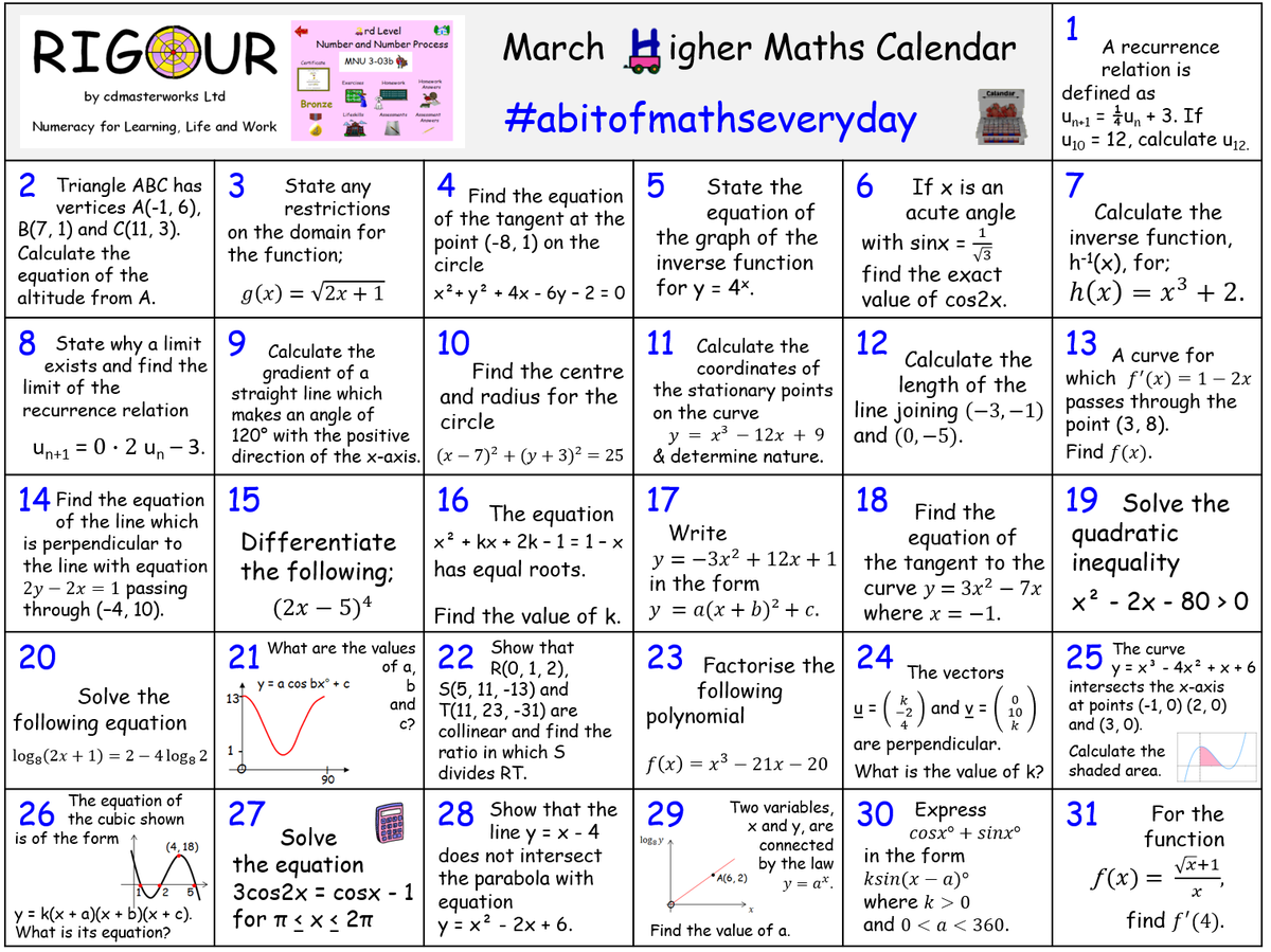 **CALLING ALL Higher Maths Pupils** Do you want to consolidate your #HigherMaths skills this month? If so, try our March Calendar! Download this calendar and view the answers here; rigourmaths.com/national-quali… #abitofmathseveryday #littleandoften 🥉🥈🥇🎯📆