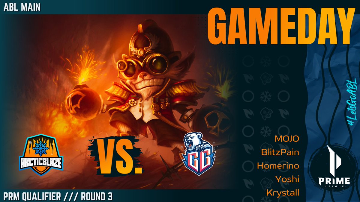 ❄️ #PrimeLeague Qualifier Round 3️⃣

🔥 #ArcticBlaze Main 🆚 <a href="/GlacialGuardian/">Glacial Guardians</a> ❇️

BACK 2 BACK STREAM?!!

🕔 Time: 20:00 CET
🎤 Cast: <a href="/SGD_Buddy/">Florian ''Buddy'' Hartwig</a>
📺 Twitch 👉 TeamArcticBlaze (German)

↗️ MOJO | <a href="/SLR_MOJO/">MOJO</a>
🏕️ BlitzPain | <a href="/FinnScheidl/">BlitzPain</a>
➡️ Homerino | <a href="/HOMERIN013/">HOMERIN0</a>
↘️ Yoshi | <a href="/Yoshi_uff_/">Yoshi</a>