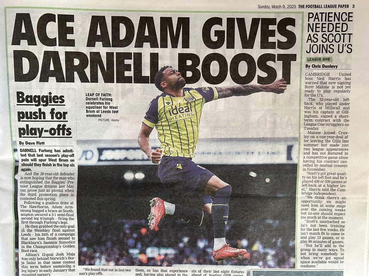 Dave Flett (@daveflettpress) on Twitter photo One for <a href="/WBA/">West Bromwich Albion</a> fans. I spoke to <a href="/DarnellFurlong/">Darnell</a> who believes yesterday’s match-winner Adam Armstrong can lead the Baggies to play-off joy after causing semi-final agony last season. Full story in <a href="/TheLeaguePaper/">The Football League Paper</a> - in shops now and always great value for £2.20. #WBA One for <a href="/WBA/">West Bromwich Albion</a> fans. I spoke to <a href="/DarnellFurlong/">Darnell</a> who believes yesterday’s match-winner Adam Armstrong can lead the Baggies to play-off joy after causing semi-final agony last season. Full story in <a href="/TheLeaguePaper/">The Football League Paper</a> - in shops now and always great value for £2.20. #WBA