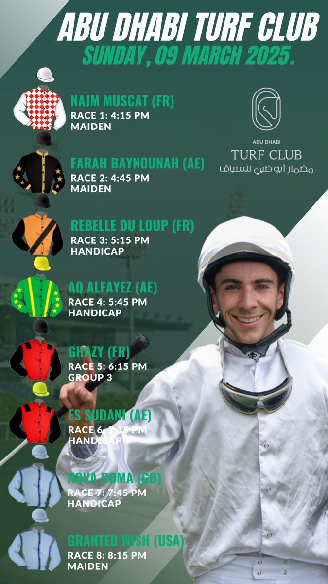 Bernardo Pinheiro (@jockeybpinheiro) on Twitter photo My rides today at <a href="/adturfclub/">ABU DHABI TURF CLUB</a> ๐๐ป
I wish all the best for everyoneโ๐ป๐๐ป๐๐ป
Race cards: emiratesracing.com/racecard/2025-โฆ My rides today at <a href="/adturfclub/">ABU DHABI TURF CLUB</a> ๐๐ป
I wish all the best for everyoneโ๐ป๐๐ป๐๐ป
Race cards: emiratesracing.com/racecard/2025-โฆ