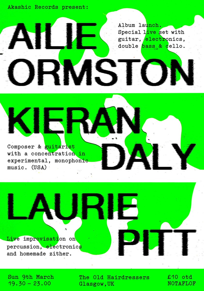 Recommended in Glasgow tonight! Ailie Ormston launches their wicked new album on Akashic Records. 

Also on the bill: Kieran Daly, one of the most interesting and bizarre new guitarists on the block, &amp; our dear friend on drums, Laurie Pitt.

theoldhairdressers.com/?events=ailie-…