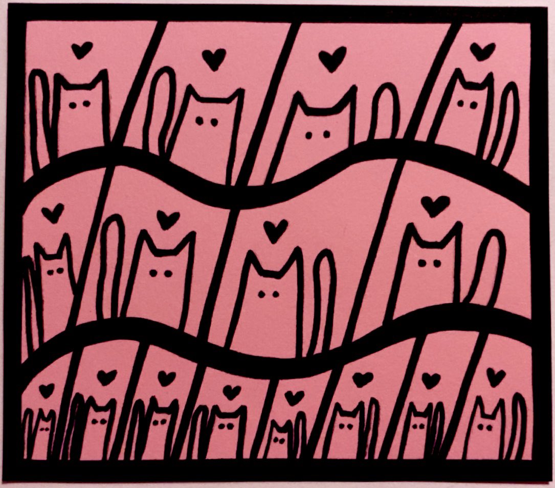 cryptocynthiac's tweet image. Everyday automatic #448

3/8/25

“16 Cats”

oil paint sharpie; handcut cardstock