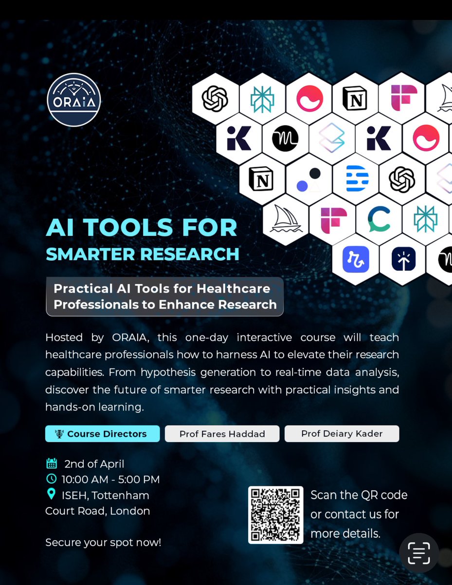 Professor Deiary Kader (Medical Doctor) (@deiarykader) on Twitter photo your research!
Join us on 2nd April in London for a hands-on AI course with @FaresHaddad & <a href="/DeiaryKader/">Professor Deiary Kader (Medical Doctor)</a>.
📍ISEH, London | ⏰ 10 AM - 5 PM
📲 Scan the QR code to register!
#AIinResearch #HealthcareAI #MedicalInnovation #AIforDoctors your research!
Join us on 2nd April in London for a hands-on AI course with @FaresHaddad & <a href="/DeiaryKader/">Professor Deiary Kader (Medical Doctor)</a>.
📍ISEH, London | ⏰ 10 AM - 5 PM
📲 Scan the QR code to register!
#AIinResearch #HealthcareAI #MedicalInnovation #AIforDoctors