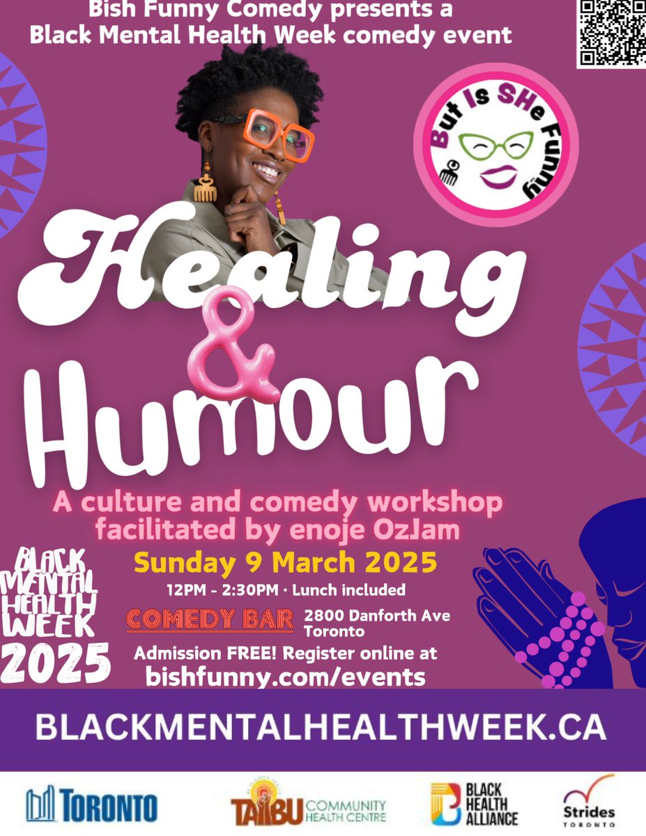 City of Toronto Confronting Anti-Black Racism Unit (@cabr_toronto) on Twitter photo TODAY! #BMHW2025 Healing & Humour Workshop
🗓️ March 9 | 🕛 12-2:30 PM | 📍 Comedy Bar Danforth, East Toronto
Join <a href="/BishFunny/">Bish Funny</a> for an interactive session exploring comedy as a tool for Black mental wellness!
Free event, lunch included! Register: bishfunny.com/events TODAY! #BMHW2025 Healing & Humour Workshop
🗓️ March 9 | 🕛 12-2:30 PM | 📍 Comedy Bar Danforth, East Toronto
Join <a href="/BishFunny/">Bish Funny</a> for an interactive session exploring comedy as a tool for Black mental wellness!
Free event, lunch included! Register: bishfunny.com/events