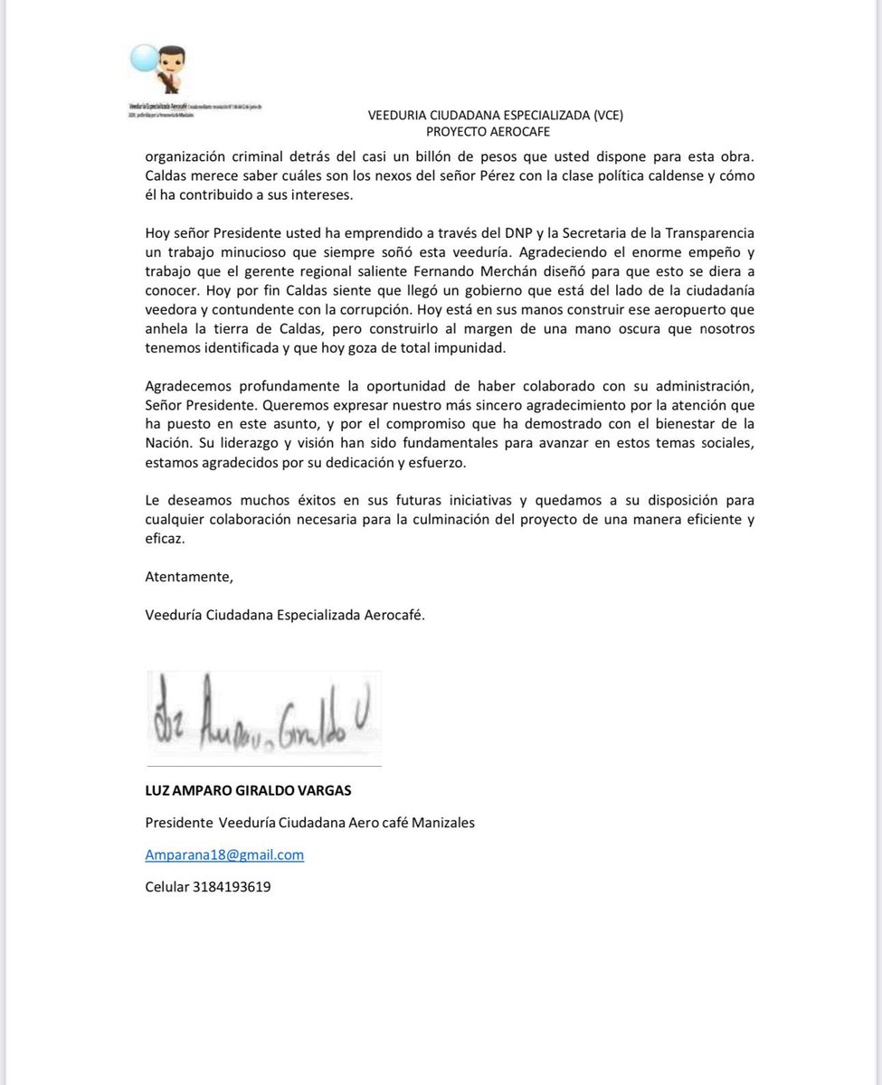 MISS POIROT (@misspoirot07) on Twitter photo Cómo Caldense debo decirle al Presidente <a href="/petrogustavo/">Gustavo Petro</a> y al Director Nacional de Planeacion @alexlopezmaya que lean esta carta demoledora de la veeduría ciudadana más seria que tiene AEROCAFÉ con más de 10 años de seguimiento al proyecto. El trabajo que ha hecho el Gobierno Cómo Caldense debo decirle al Presidente <a href="/petrogustavo/">Gustavo Petro</a> y al Director Nacional de Planeacion @alexlopezmaya que lean esta carta demoledora de la veeduría ciudadana más seria que tiene AEROCAFÉ con más de 10 años de seguimiento al proyecto. El trabajo que ha hecho el Gobierno