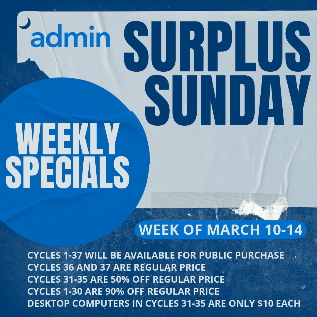 sc_deptofadmn's tweet photo. It's #SurplusSunday! Check out which Surplus cycles are available to the public, 50% off or even 90% off! The warehouse is open to the public from 9 a.m.-3:30 p.m., Monday to Friday at 1441 Boston Avenue in West Columbia.
For more: https://t.co/MjBbYZAqrV https://t.co/GuHMqzNKLd