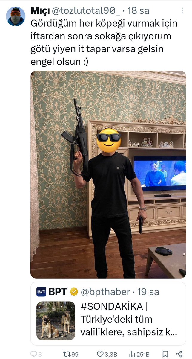 Bu tipler aldı Ahmet çocuğun canını. Çocuk dediğiniz tipler bunlar işte ! Şimdi sokak köpeklerini vurmak için ellerinde silahlarla poz veriyolar yetmiyor tehdit ediyorlar eserinizle gurur duyun . Nasıl önüne geçeceksiniz bakalım umarım herkes bu paylaşımı gördüğünde meselenin