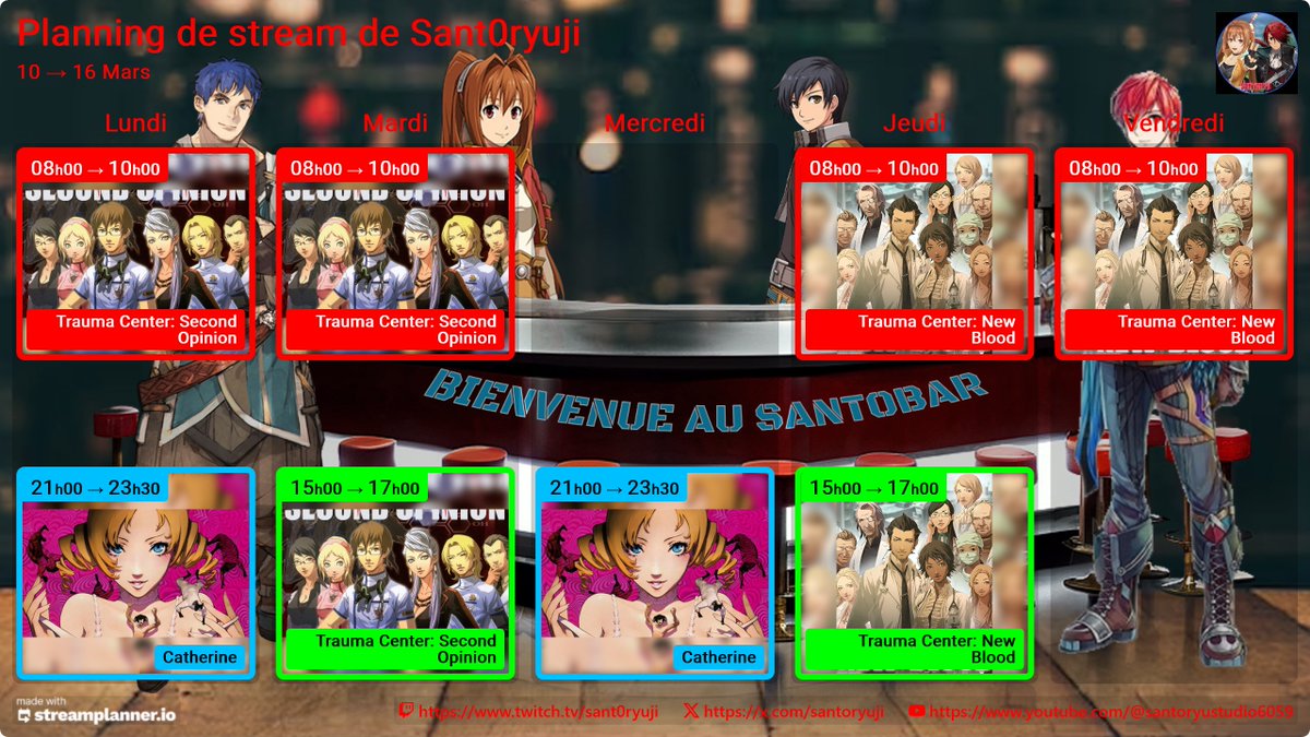 Oyé oyé!Voici planning des streams ! Semaine du 10 au 16 mars 2025. max de like et retweet!twitch.tv/sant0ryuji <a href="/Didjock41/">Didjock 🦇</a> <a href="/Bench682/">🎢🎠Bench68⛰️🌖</a> <a href="/phanathos/">Phanathos</a>
 <a href="/Aranrakka/">Vincent D.</a> <a href="/Lilie57/">Aurélie ☃️</a> <a href="/dbioz/">Dbioz le UCE barbu du twitch game</a> <a href="/Scorpion27971/">Benji971</a>
 <a href="/ItsugaTBoulet/">Itsuga_ Arpg/MetroidVania / Soul's Like/Rpg</a> <a href="/LuminiaLK/">🪻 •ᒐᥙຕɩᥒɩᥲ.</a> <a href="/MysthicMajin69/">Embrace your dreams and protect your honor</a>
 <a href="/Yumeffia/">🌸🐱 Yume Chan 🍣🎮</a> <a href="/Yozora5411/">Uchiwa54</a> <a href="/MorndasTV/">Morndas</a> <a href="/CNegapi/">🌸 𝓖𝓪𝓹𝓲 🌸</a>
