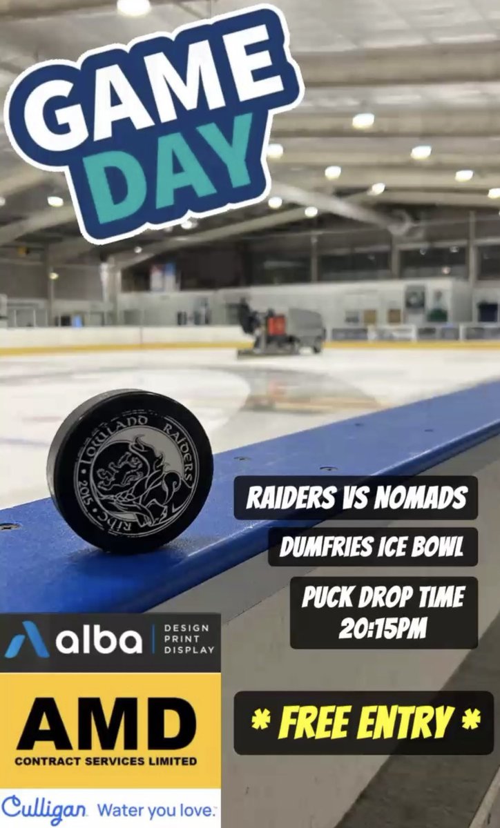 🚨GAME DAY🚨 

We are in action tonight on home ice. The cross-border challenge game against the Nomads.

Raiders will be playing in their new Anniversary Jersey’s. Can’t wait until tournament time. Must have a debut wear! 

📌 Dumfries Ice Bowl
⏰ F/O 20:15
🎟️ Free entry