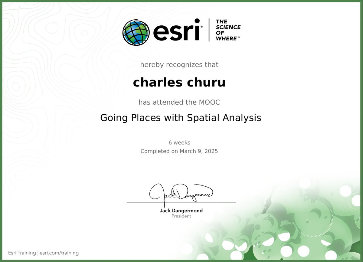 C4708911Charles's tweet image. Just completed the Esri Going Places with Spatial Analysis course! 
Aapplying GIS concepts to real-world locations made every lesson insightful. Excited to use these skills in future projects! 🌍📊 #GIS #SpatialAnalysis #Esri