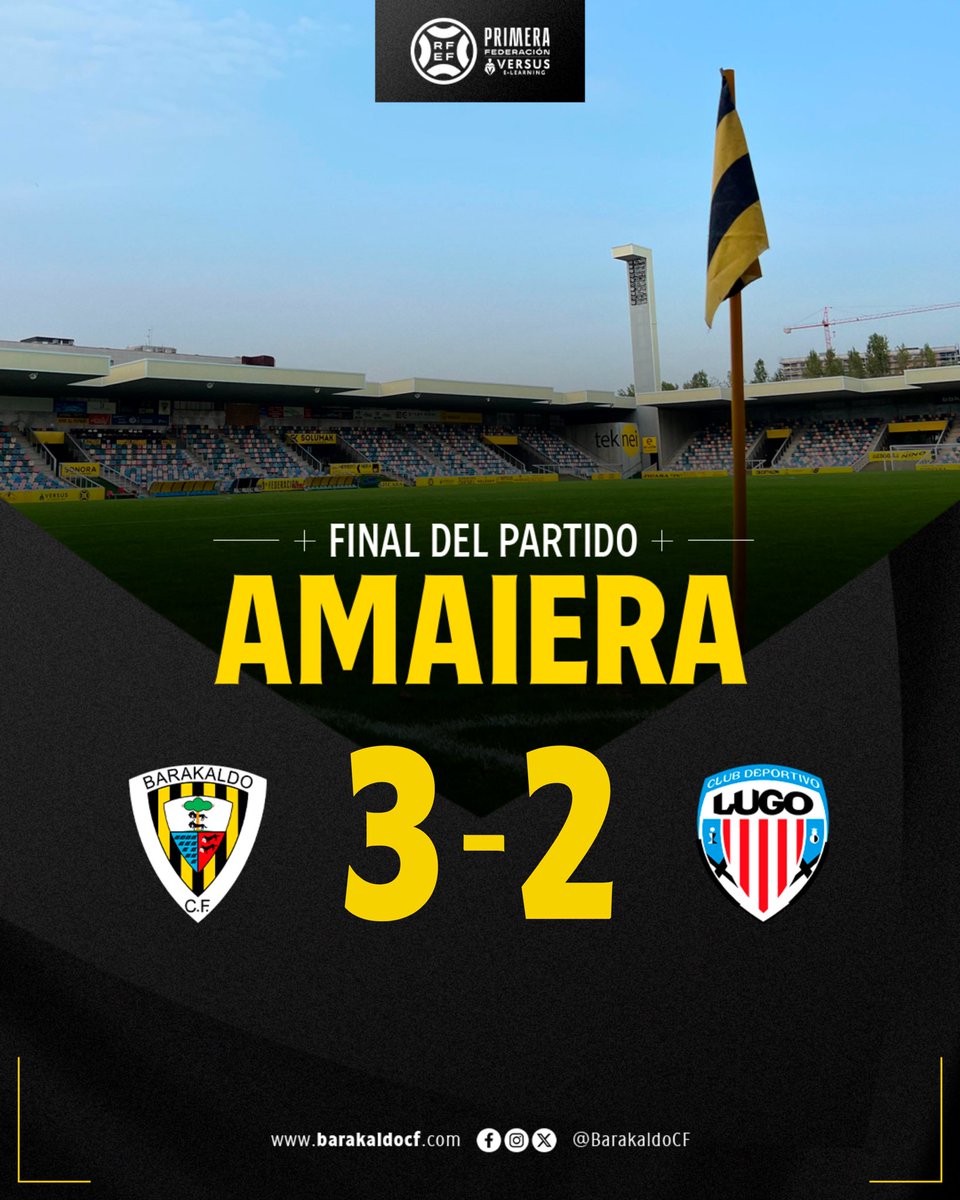 🔚 AMAIERAAAAAA!

<a href="/BarakaldoCF/">Barakaldo C.F.</a> 3-2 <a href="/CDeportivoLugo/">Club Deportivo Lugo 🪓</a> 

Los tres puntos se quedan en Lasesarre tras culminar la remontada en la segunda parte 💪🏼

⚽ Valiño, Bittor y Pablo

#BarakaLugo #GoazenBaraka