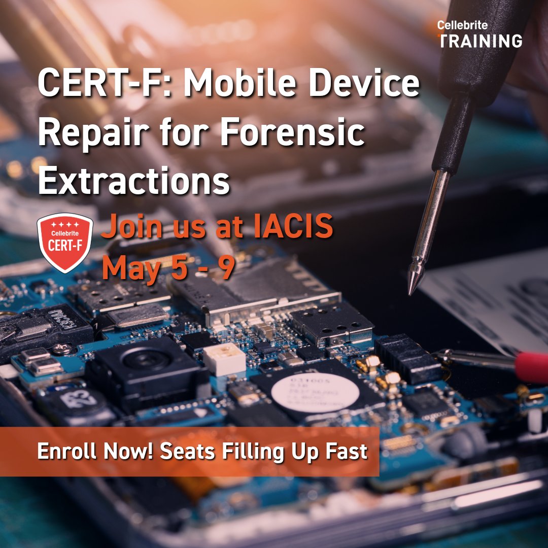 Cellebrite's tweet photo. Elevate your forensic expertise & join Cellebrite at @IACIS!
Learn soldering, component replacement and forensic extraction techniques with the CERT-F course. Register Now π https://t.co/vJ3baS10Ax
#CellebriteTraining #DigitalForensicsTraining #IACIS2025 https://t.co/BKs6RwNu6d