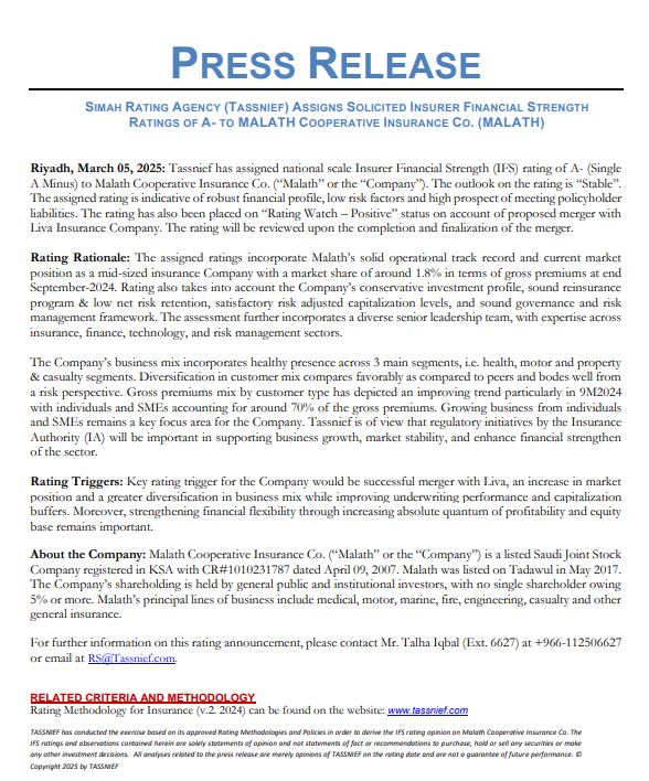 <a href="/TASSNIEF/">SIMAH RATING AGENCY ( TASSNIEF ) وكالة سمة للتصنيف</a> assigned national scale Insurer Financial Strength (IFS) rating of A- (Single A Minus) to <a href="/MalathInsurance/">ملاذ للتأمين</a>