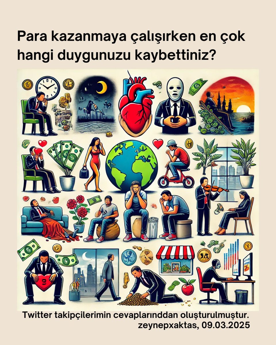 zeynepxaktas's tweet photo. "Para kazanmaya çalışırken en çok hangi duygunuzu kaybettiniz?"
Sorusuna sizden gelen cevapları derledim
Huzur: İç dinginliği kaybetmek.
Aza tamah: Yetinme duygusunu yitirmek.
İnsanlık: Başkalarının ihtiyaçlarını görmezden gelmek.
Gizlilik: Mahremiyeti koruyamamak.
Kişilik: Kendi benliğinden uzaklaşmak.
Hayatın güzellikleri: Yaşamın anlamını kaçırmak.
Sabır: Bekleyememe, acelecilik.
Para: Kazanılanı kaybetme korkusu.
Doğayla bağ: Çevreyi ve doğayı fark etmemek.
Dünyaya meyil: Maddiyata aşırı odaklanmak.
Adalete olan inanç: Hukuka ve adalete güvenini kaybetmek.
