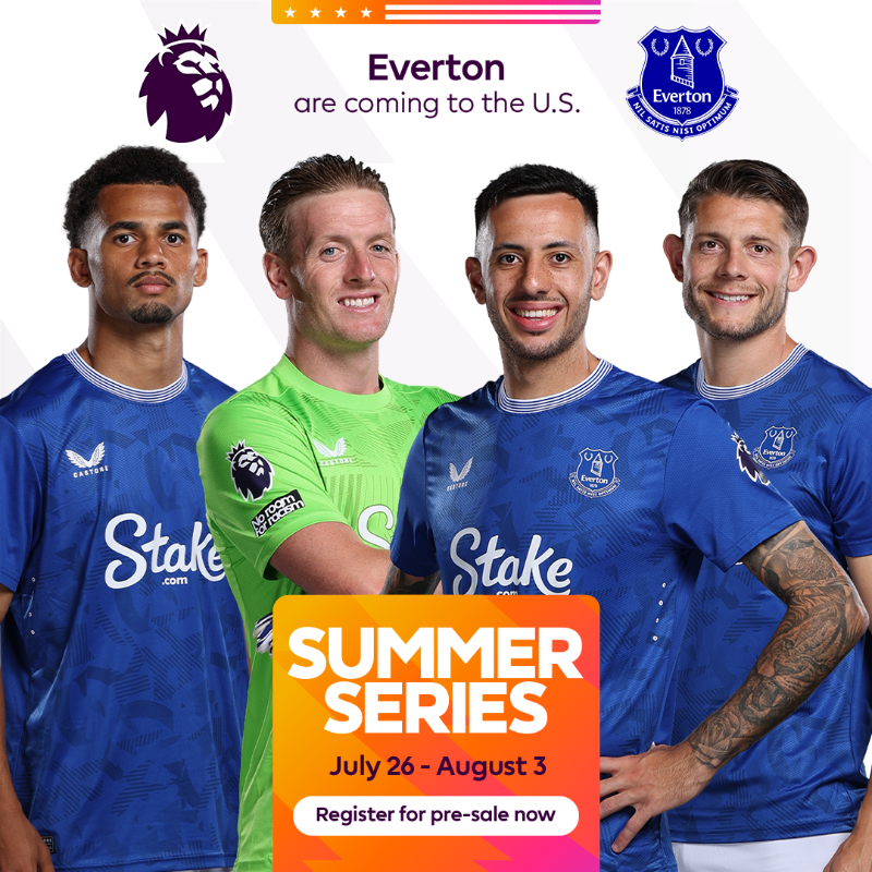 Everton's tweet photo. EVERTON ARE GOING BACK TO THE U.S. 🇺🇸 🤩

The Toffees will participate in the 2025 @PremierLeague Summer Series. Click below to register for pre-sale. ⬇️
