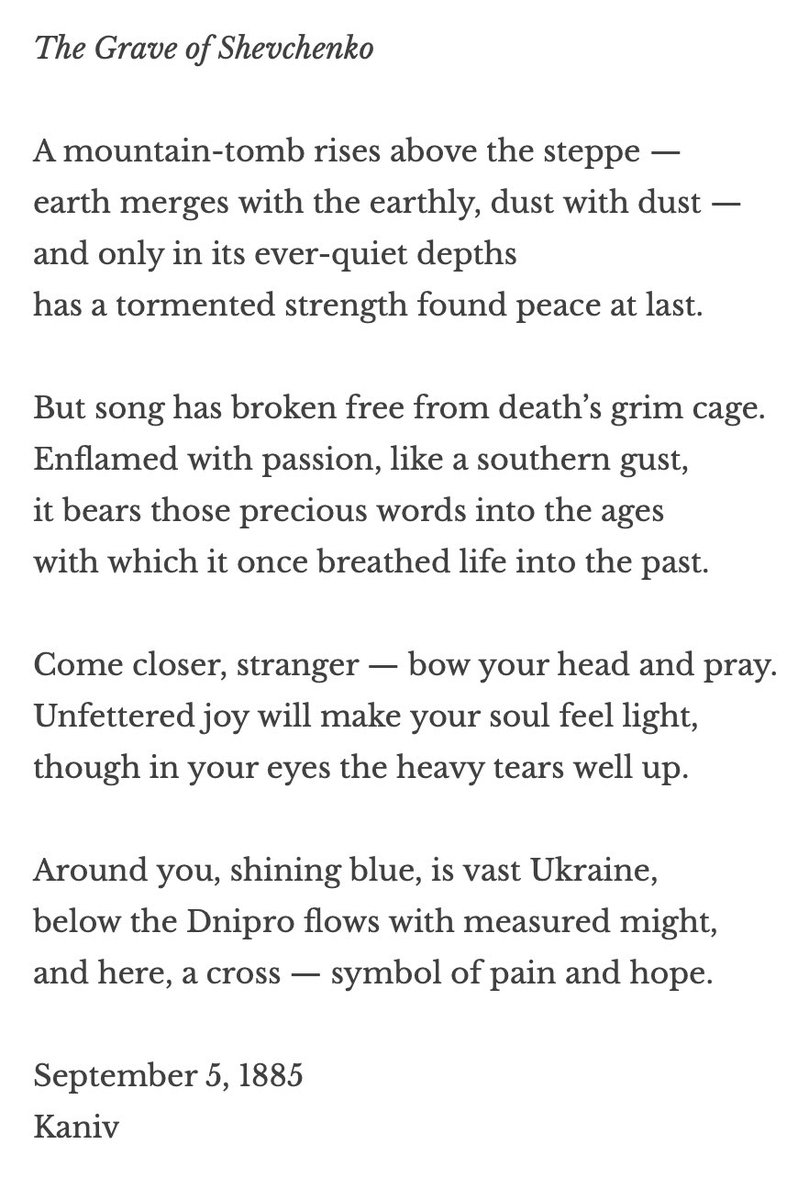 BorisDralyuk's tweet photo. It is the birthday of Taras Shevchenko (1814-61), Ukraine’s bard, born into serfdom. When Russians invaded in 2022, they planted a bullet in the forehead of his monument, which a Ukrainian man then carefully bandaged. Below is my translation of a poem by Pyotr Buturlin (1859-95). https://t.co/X2SXKSgxFu