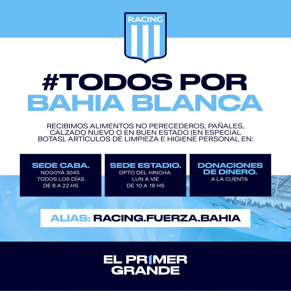 #TodosPorBahiaBlanca 

Un temporal dejó a la ciudad bajo el agua, con urgencias que atender cuanto antes. Los argentinos jamás somos indiferentes al sufrimiento de nuestra gente. Por eso sabemos que contamos con ustedes para que la ayuda sea masiva y rápida.

Gracias 🩵