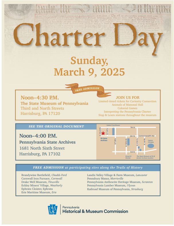 Celebrate Pennsylvania's 344th birthday at The State Museum of Pennsylvania today, Sunday, March 9 from 12 Noon until 4:30 PM. General admission is free today. Explore Pennsylvania’s story with hands-on activities throughout the museum.
Find out more - statemuseumpa.org/event/charter-…