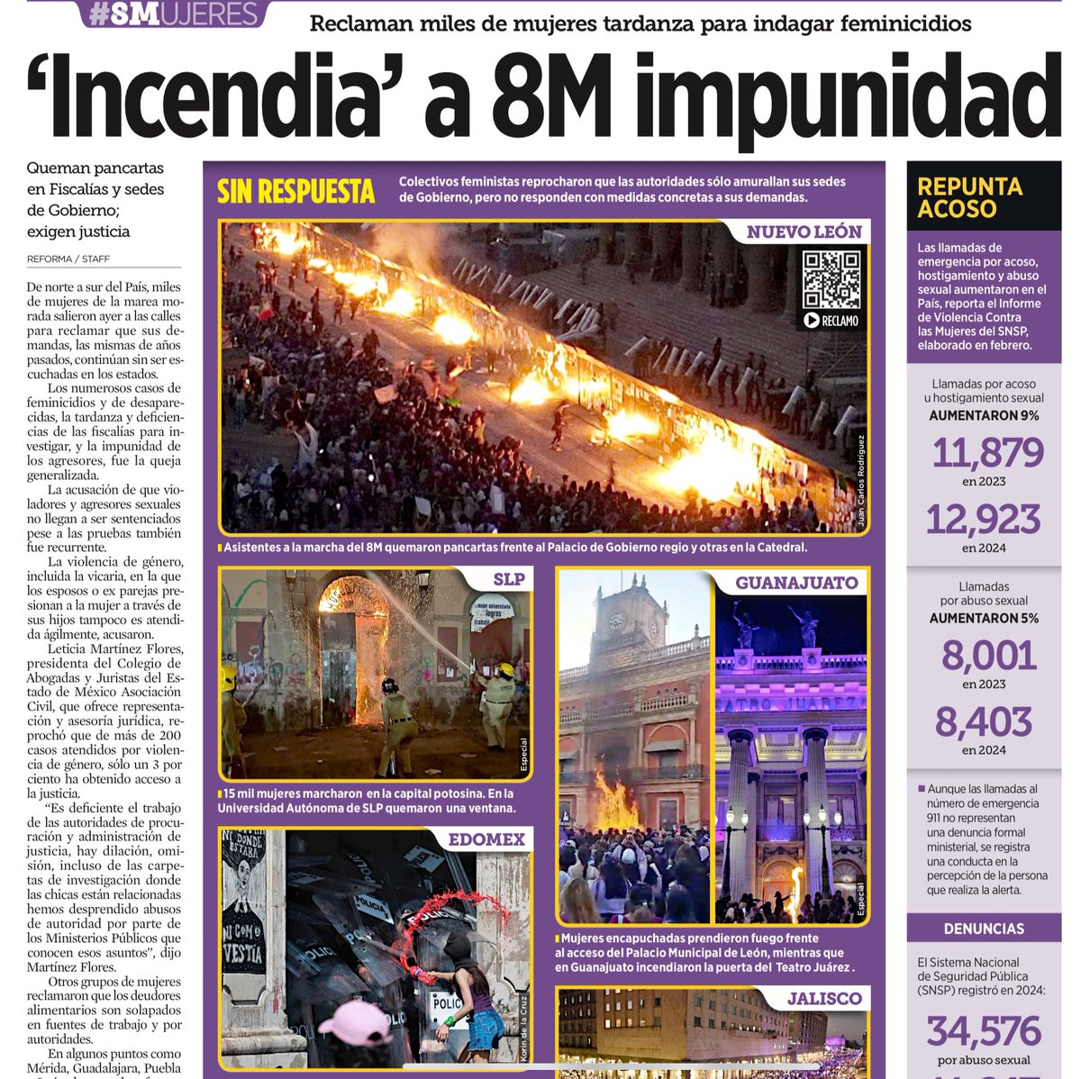 México arde, pero no por las llamas en el 8M, sino por la impunidad que las encendió. Feminicidios sin justicia, deudores alimentarios protegidos, violencia vicaria ignorada, agresores libres. Más del 97% de los casos de violencia de género no reciben justicia. El sistema está