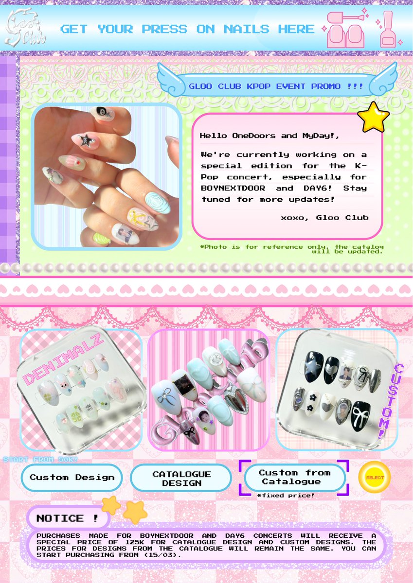 Hello everyone! This is Gloo Club 🍀
We have a special announcement!

From April to May, we will have a special price for purchasing press-on nails (custom and catalog) themed around the Boynextdoor and DAY6 concerts!

#KNOCK_ON_Vol_1_In_Jakarta 
#DAY6_FOREVER_YOUNG_JAKARTA_2025