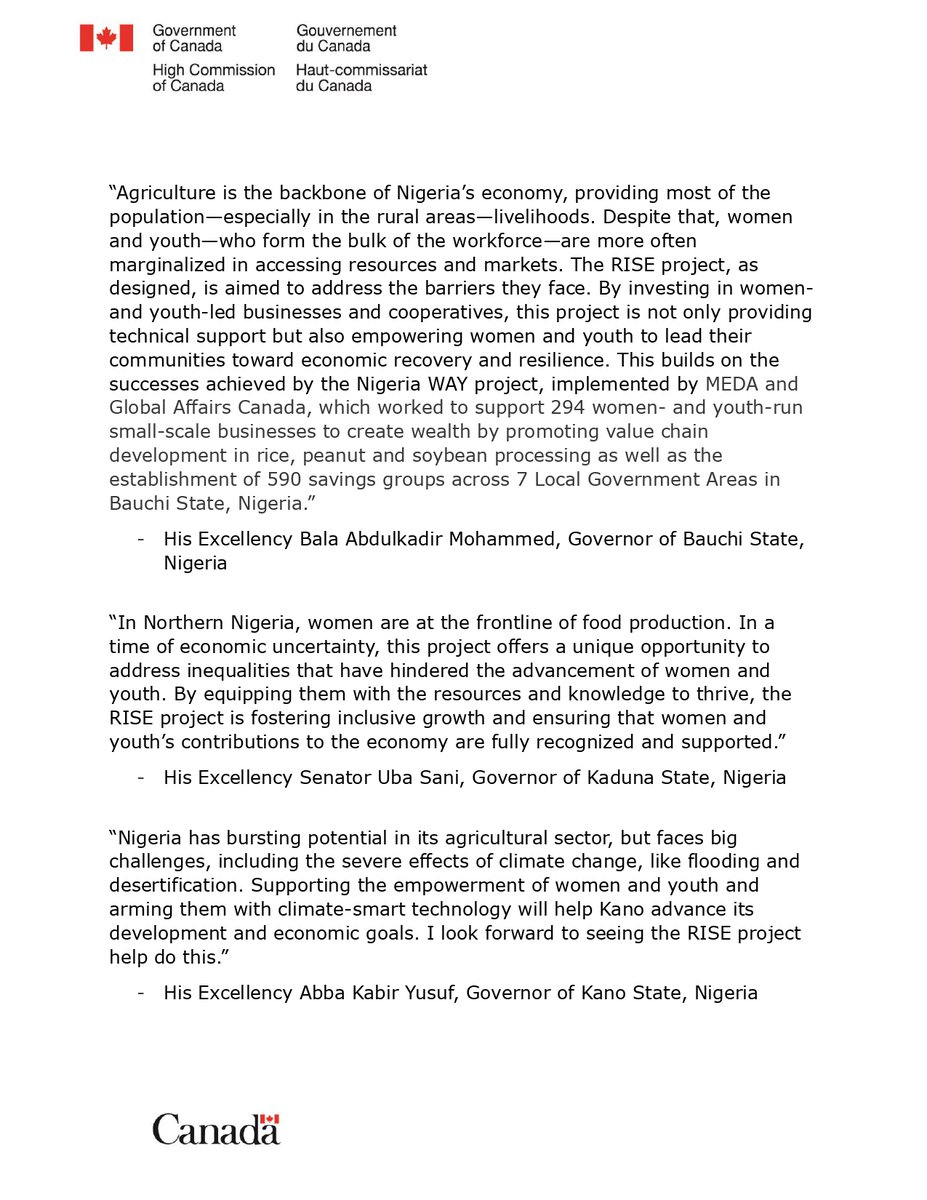 As part of its new Africa Strategy, Canada announces $19.2M to support women and youth entrepreneurs in Bauchi, Kaduna, and Kano States through the RISE project, implemented by <a href="/medadotorg/">MEDA</a>.

Details⬇️:
