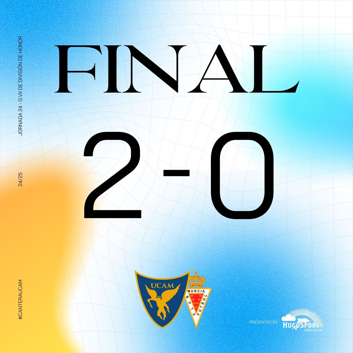 𝐉𝐔𝐕𝐄𝐍𝐈𝐋 𝐀 | ⌚️ 90’ |2️⃣0️⃣ ¡Final! 

Nuestros chicos se han impuesto al 🆚 <a href="/canteragrana/">Cantera Grana</a> con un Marco Campillo espectacular que ha firmado un doblete. 

🏟️ Mpal. Santiago El Mayor.

⭐️ 𝐏𝐢𝐬𝐜𝐢𝐧𝐚𝐬 𝐇𝐮𝐠𝐨𝐒𝐩𝐨𝐫𝐭

#UCAMMurciaRealMurcia | #CanteraUCAM