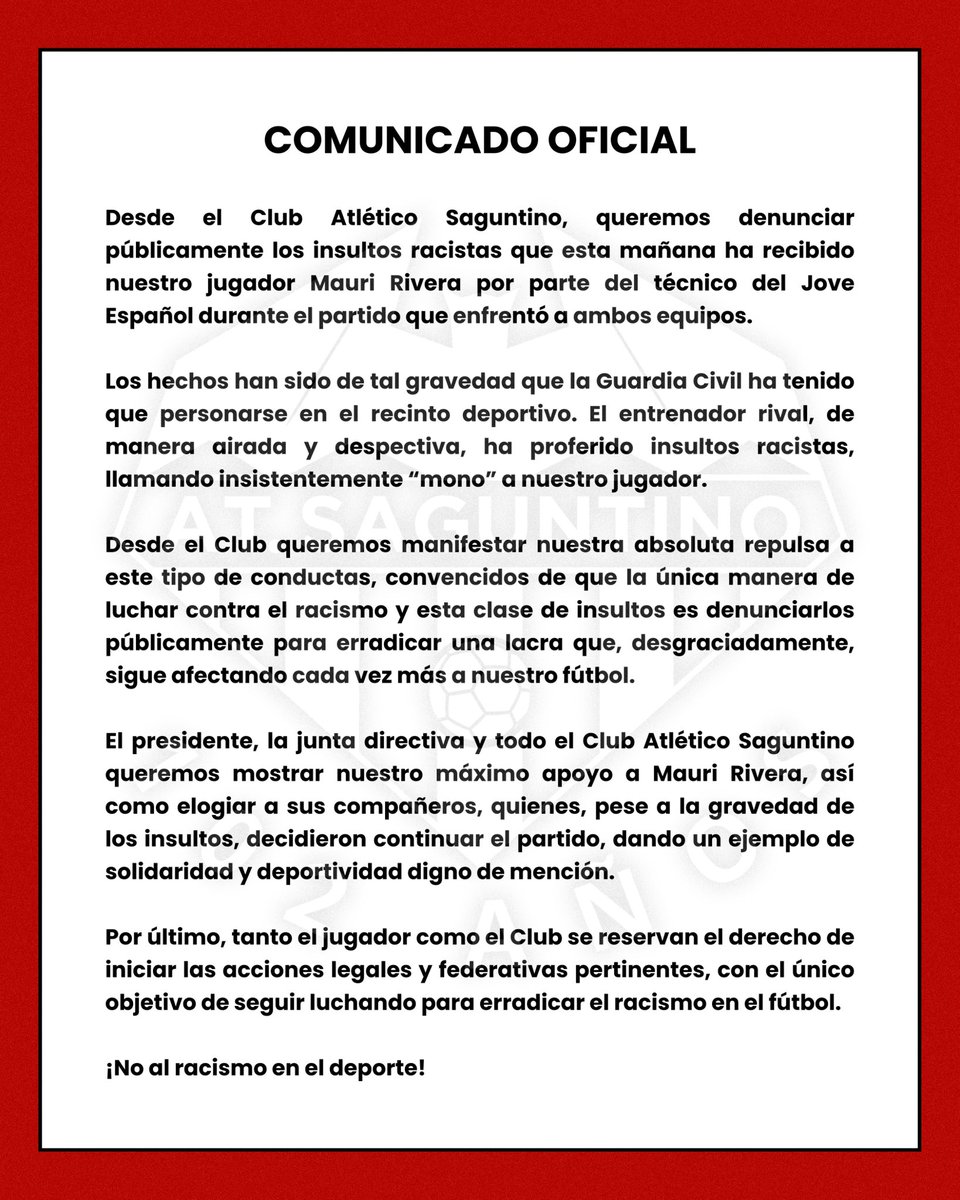 AtcoSaguntino's tweet image. ❌⚽️ Desde el Atlético Saguntino denunciamos los insultos racistas hacia nuestro jugador Mauri Rivera. El racismo no tiene cabida en el fútbol ni en la sociedad. Nos reservamos el derecho de emprender acciones. ¡Basta ya! #NoAlRacismo #Respect