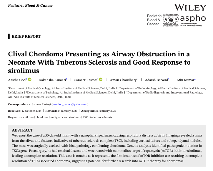 Dr Sameer Rastogi (@samdoc_mamc) on Twitter photo Happy to share the first report of complete response in clival #chordoma with sirolimus in baby with #tuberous sclerosis pubmed.ncbi.nlm.nih.gov/40040247/ <a href="/SachinSarcoma/">Sachin Sarcoma Society</a> <a href="/RashiKapoor17/">Rashi Kapoor</a> <a href="/sorunshishak/">Sorun Shishak</a> <a href="/ChordomaFDN/">Chordoma Foundation</a> <a href="/ChordomaUK/">Chordoma UK</a> <a href="/CFLabsResearch/">Chordoma Foundation Labs</a> <a href="/chordome_org/">Association Vaincre le Chordome</a> <a href="/ApolloProton/">Apollo Proton Cancer Centre | #WinningOverCancer</a> Happy to share the first report of complete response in clival #chordoma with sirolimus in baby with #tuberous sclerosis pubmed.ncbi.nlm.nih.gov/40040247/ <a href="/SachinSarcoma/">Sachin Sarcoma Society</a> <a href="/RashiKapoor17/">Rashi Kapoor</a> <a href="/sorunshishak/">Sorun Shishak</a> <a href="/ChordomaFDN/">Chordoma Foundation</a> <a href="/ChordomaUK/">Chordoma UK</a> <a href="/CFLabsResearch/">Chordoma Foundation Labs</a> <a href="/chordome_org/">Association Vaincre le Chordome</a> <a href="/ApolloProton/">Apollo Proton Cancer Centre | #WinningOverCancer</a>