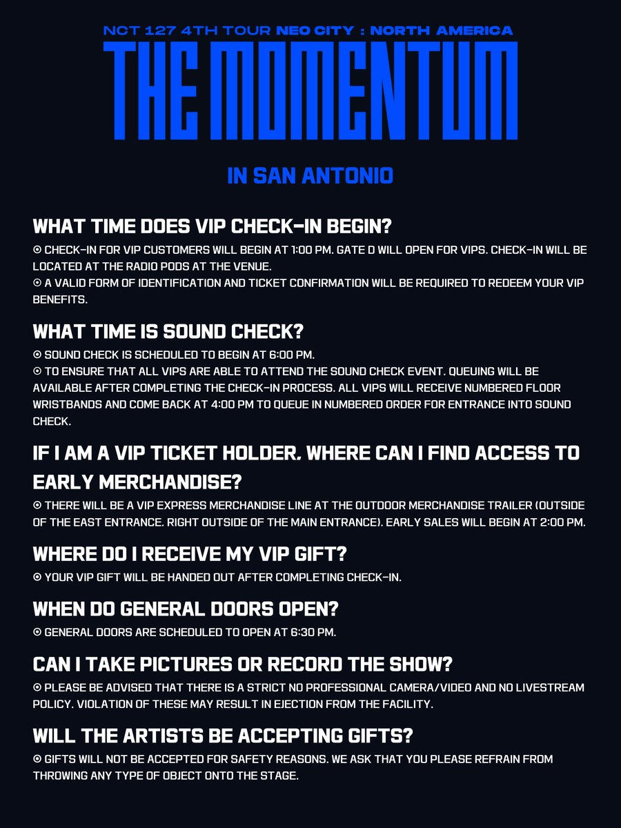 POWERHOUSELIVE's tweet photo. Hello NCTzen! 💚

Are you ready for the NCT127 4TH TOUR ‘NEO CITY – THE MOMENTUM’ in North America?!

Please check out the FAQ for San Antonio 📢

#NCT127 #NEOCITY
#NEOCITY_THE_MOMENTUM
#NCT127_NEOCITY_THE_MOMENTUM https://t.co/XKPM413HRi