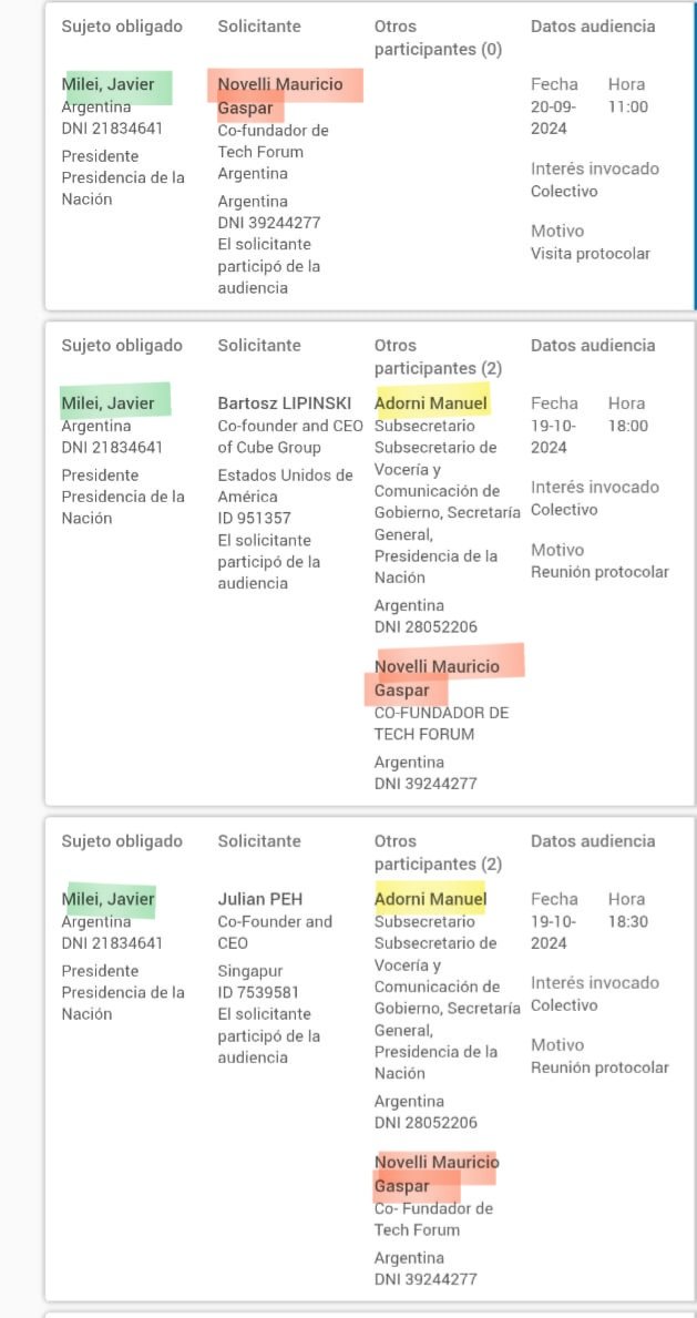 Editor_76's tweet image. Dejaron los dedos marcados 🖐🏼

Los registros oficiales de Casa Rosada muestran las entradas de Maurcio Novelli, apuntado como uno de los que armó la estafa con Libra, para reunirse con Javier Milei, pero también para participar de reuniones junto al vocero Manuel Adorni y ceos…