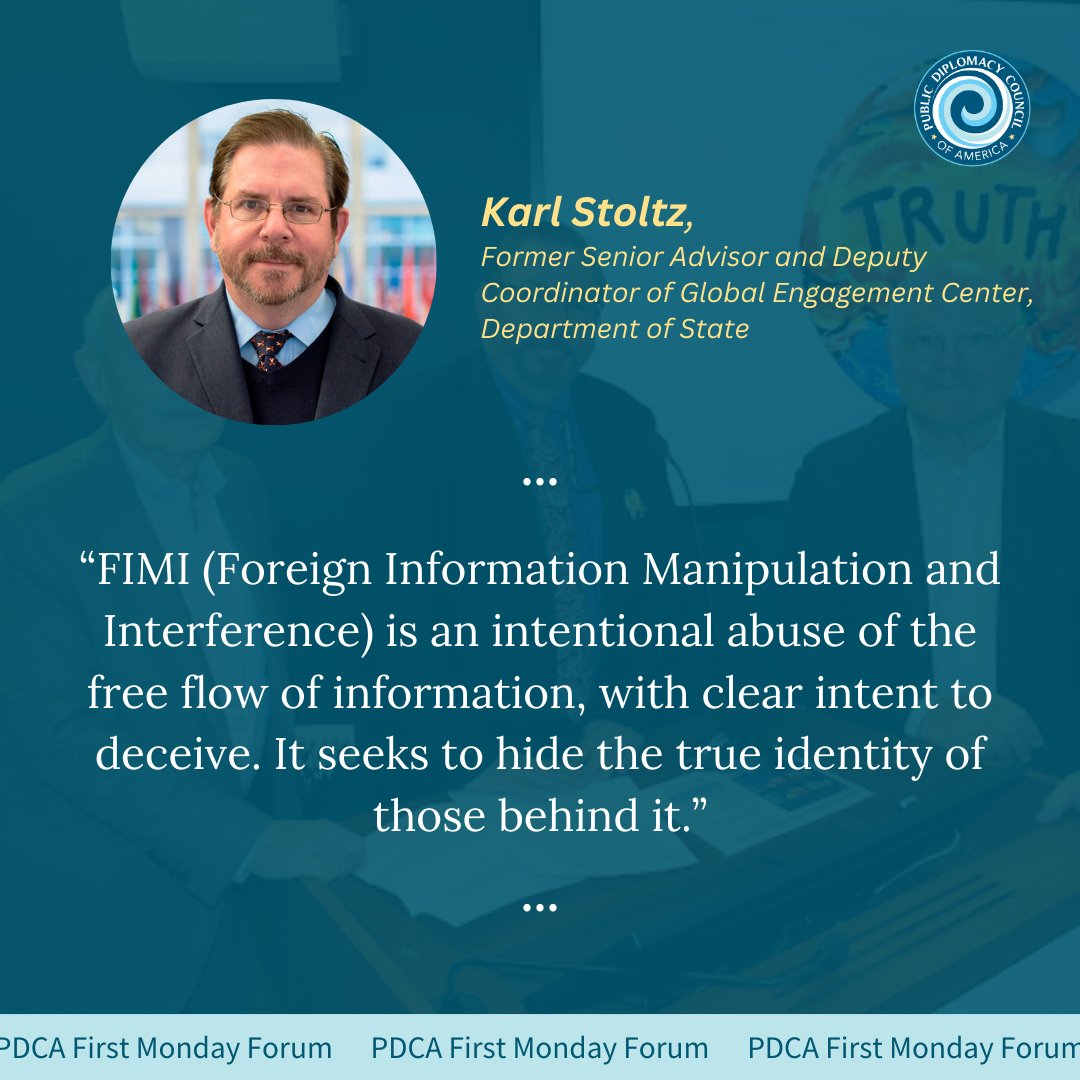 The #PDCA First Monday Forum was just held! Mr. Stoltz discussed the nature and impact of "#FIMI,"  highlighting different approaches of #disinformation used by #China, #Russia, and #Iran.

Watch the event recording: youtube.com/watch?v=M5FxCt…