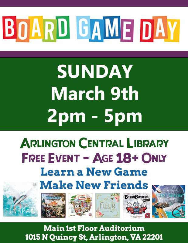 NOVA BoardGame Group (@novaboardgame) on Twitter photo Board Game Day is TODAY at Arlington Central Library from 2pm to 5pm. No pre-registration is needed for this FREE community event. Just show up! Come make a new friend! Ages 18+ Only. #boardgames #DMV #arlingtonva #NoVa
<a href="/ArlingtonVALib/">Arlington VA Pub Lib</a>
<a href="/ilovearlingtonv/">I Love Arlington VA</a> Board Game Day is TODAY at Arlington Central Library from 2pm to 5pm. No pre-registration is needed for this FREE community event. Just show up! Come make a new friend! Ages 18+ Only. #boardgames #DMV #arlingtonva #NoVa
<a href="/ArlingtonVALib/">Arlington VA Pub Lib</a>
<a href="/ilovearlingtonv/">I Love Arlington VA</a>