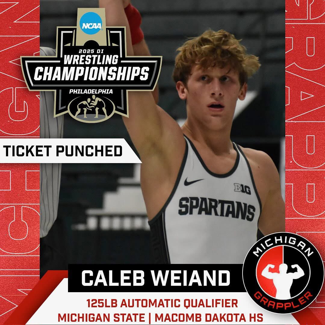 michgrappler's tweet photo. #NCAAqualifier MSU freshman Caleb Weiand is in! The @DHSWrestling grad knocked off #5 seed Joey Cruz of Iowa to advance to the top-8 at 125lbs and lock in a trip to the national tournament https://t.co/gmvJlVfxev