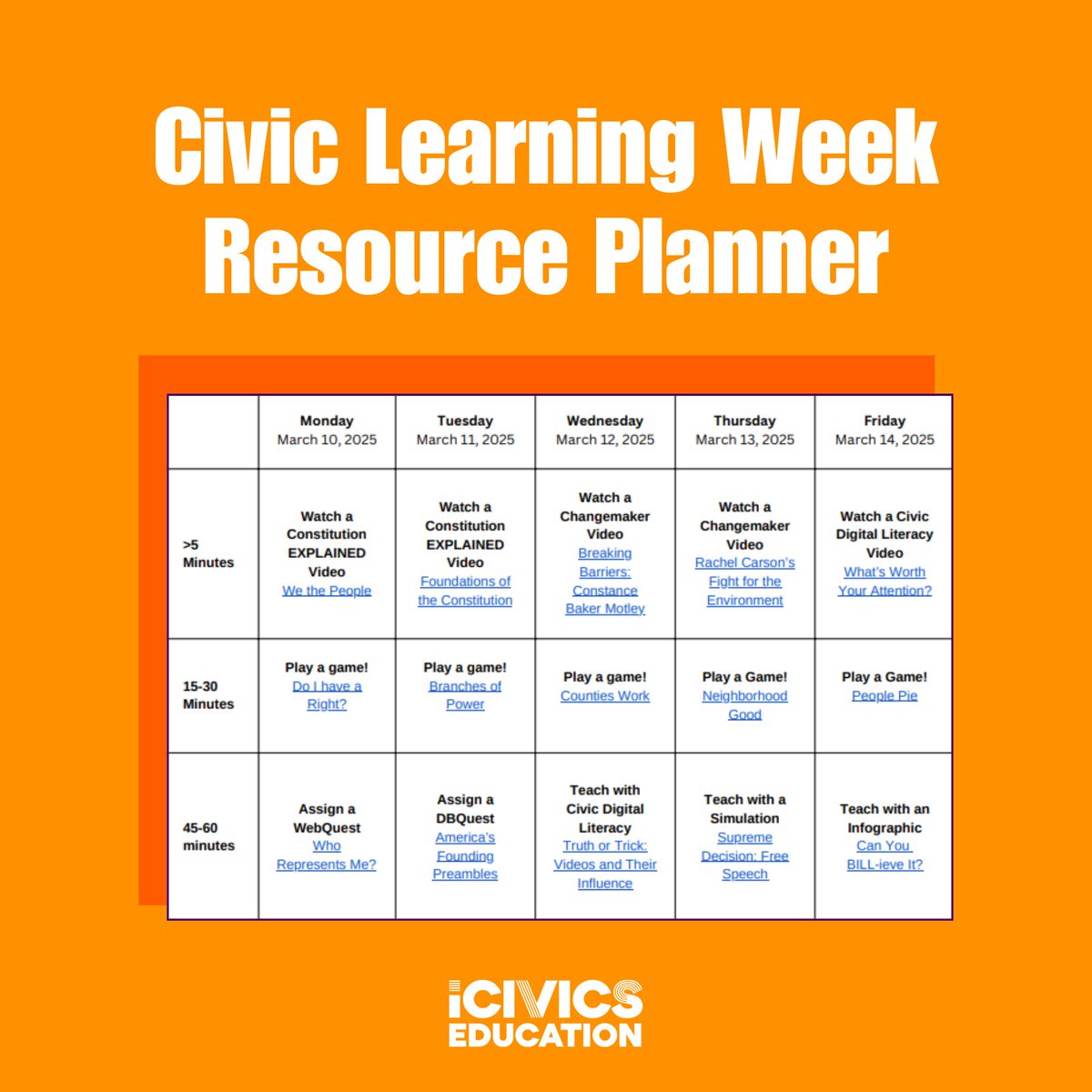 iCivics (@icivics) on Twitter photo Civic Learning Week is almost here! 🎉 Teach with iCivics every day of the week with our planning calendar, developed by our Educator Network. This calendar outlines easy-to-execute & meaningful lesson ideas to pull from. 
Download: hubs.la/Q039-_bT0 🤝 <a href="/NationalCLW/">Civic Learning Week</a> Civic Learning Week is almost here! 🎉 Teach with iCivics every day of the week with our planning calendar, developed by our Educator Network. This calendar outlines easy-to-execute & meaningful lesson ideas to pull from. 
Download: hubs.la/Q039-_bT0 🤝 <a href="/NationalCLW/">Civic Learning Week</a>