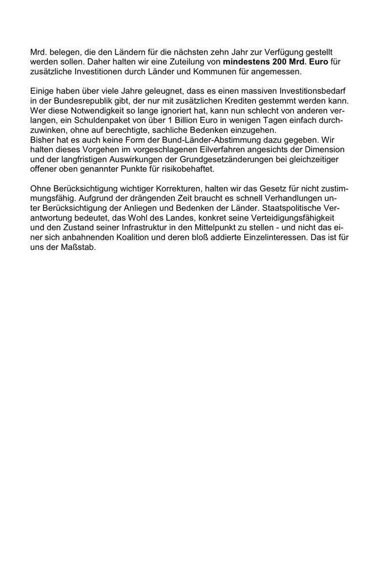 Staatspolitische Verantwortung bedeutet, das Wohl des Landes, aber nicht addierte Einzelinteressen einer neuen Koalition in den Mittelpunkt zu stellen. Das Schuldenpaket braucht
👉mehr Reformdruck
👉Begrenzung auf zusätzliche Investitionen
👉angemessene föderale Verteilung
Mehr👇