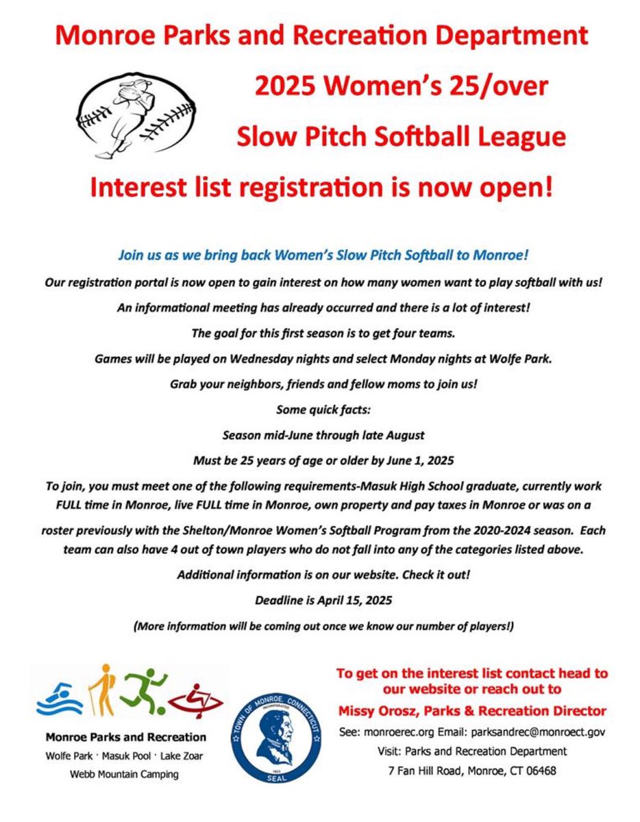 We are trying to start back up women’s softball. Interested??? Sign up so we know how many teams we can have. 🥎