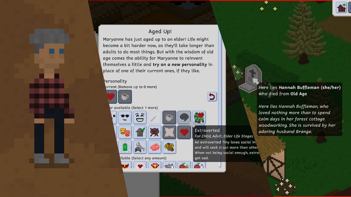 It's here!! The Elder life stage is now part of Tiny Life! Elders have a ton of new unique features, including new actions &amp; personalities 🧓🏡

Read everything about the update here: tinylifegame.com/devlogs/0.47.0/

#indiedev #indie #indiegame #gamedev #monogame #pixelart #isometric