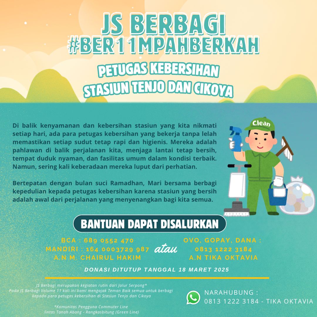 #JSBerbagi is Back 

Hai Teman Baik semuanya, 
Assalamualaikum Warrahmatullahi Wabarakatuh. 

Dalam menyambut bulan suci Ramadan, Komunitas Jalur Serpong akan mengadakan Buka Puasa dan Bakti Sosial dengan tema #JSBer11mpahBerkah

*Bakti Sosial #JSBer11mpahBerkah*
21 Maret 2025