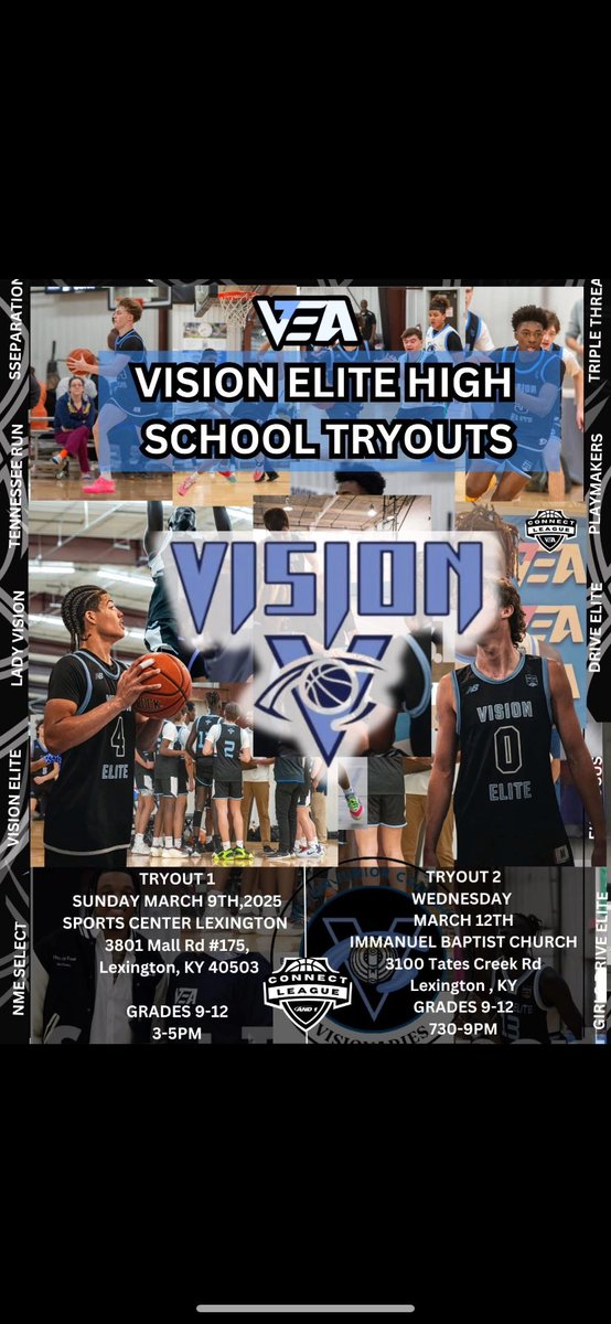 VEA Tryouts today at 3pm @ Sports Center Lexington 🏀🏀
Grades 9-12